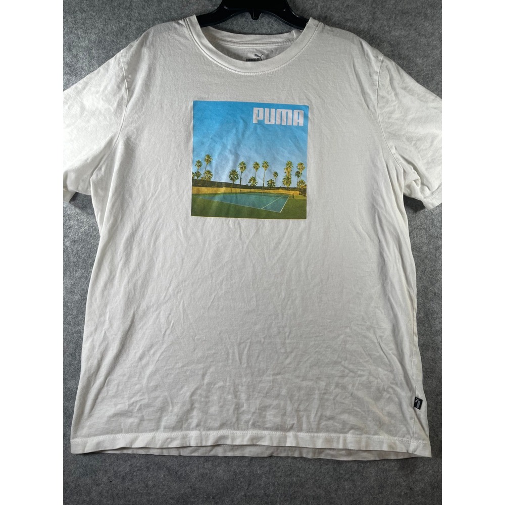 Puma Mens XL White Graphic T-Shirt Tennis Court Palm Tree Photo Print Tee